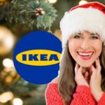 ragazza con cappello di natale, albero di natale e logo ikea