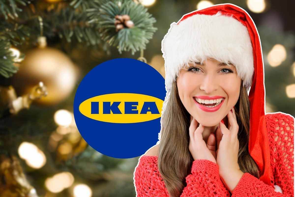 ragazza con cappello di natale, albero di natale e logo ikea