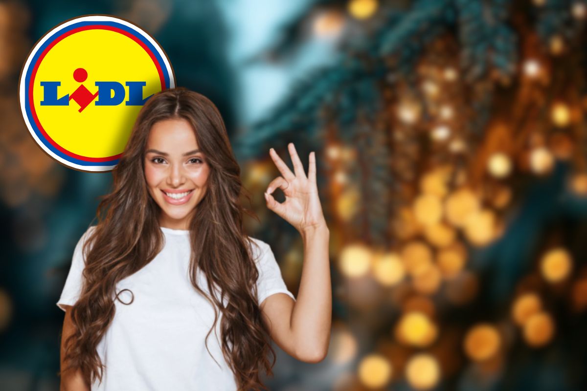 luci di natale, logo lidl e donna sorridente che fa ok con le mani